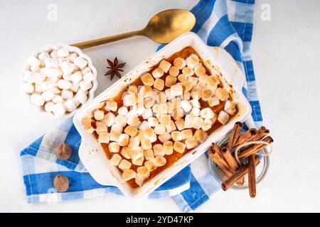 Délicieuse casserole de patates douces ou de citrouilles d'automne avec garniture de guimauve grillée. Thanksgiving, la saison d'automne réconfortante Banque D'Images