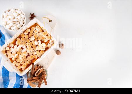 Délicieuse casserole de patates douces ou de citrouilles d'automne avec garniture de guimauve grillée. Thanksgiving, la saison d'automne réconfortante Banque D'Images