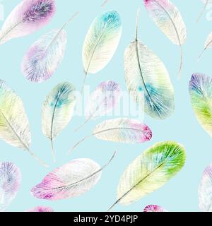 Plumes de colibris. Motif sans couture. Illustration aquarelle lumineuse dessinée à la main sur un fond blanc. Convient pour encadrer des dessins, des cartes et des textiles Banque D'Images