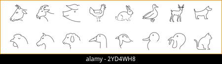 Animal de ferme et icône de chasse définis dans le style de ligne. Icônes d'animaux de ferme. Illustration vectorielle. Contour modifiable. Illustration de Vecteur