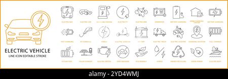 Icône de véhicule électrique définie dans le style de ligne. Icônes de véhicule électrique. Illustration vectorielle. Contour modifiable. Illustration de Vecteur