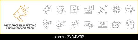 Icône de marketing numérique mégaphone définie dans le style de ligne. Contenant les affaires, le numérique, la stratégie, en ligne, les médias, internet, promotion, social, email, réseau Illustration de Vecteur
