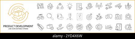 Icônes de développement de produit dans le style de ligne. Contenant le développement, le processus, la fabrication, la production, la stratégie, etc Jeu d'icin. Illustration vectorielle. Illustration de Vecteur