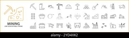 Jeu d'icônes d'exploration de données. Icônes de ligne d'extraction. Contenant fossile, décharge, diamant, puissance, énergie, souterrain, carburant, or, casque, marteau perforateur, machine, équipement, Illustration de Vecteur