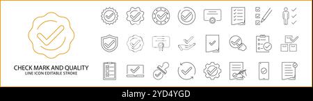 Cochez l'icône du produit de qualité définie. Icônes de contrôle qualité. Illustration vectorielle. Contour modifiable. Illustration de Vecteur