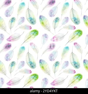 Plumes de colibris. Motif sans couture. Illustration aquarelle lumineuse dessinée à la main sur un fond blanc. Convient pour encadrer des dessins, des cartes et des textiles Banque D'Images