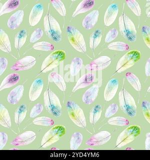 Plumes de colibris. Motif sans couture. Illustration aquarelle lumineuse dessinée à la main sur un fond blanc. Convient pour encadrer des dessins, des cartes et des textiles Banque D'Images