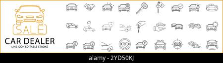 Icône de concessionnaire de voitures définie dans le style de ligne. Icônes concessionnaire automobile. Illustration vectorielle. Contour modifiable. Illustration de Vecteur