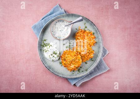 Les crêpes traditionnelles aux pommes de terre au panais avec ciboulette et trempette au fromage blanc servaient de vue de dessus sur une assiette Nordic Design avec espace texte Banque D'Images