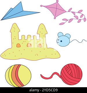 jouets pour enfants avion kite souris boule boule de sable château. Ensemble d'illustrations vectorielles dans le style de dessin animé Illustration de Vecteur