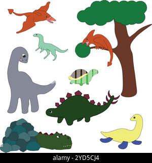 différents dinosaures de dessin animé mignons. Ensemble d'illustrations vectorielles dans le style de dessin animé Illustration de Vecteur
