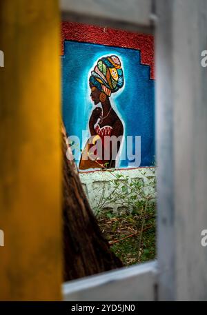 Octobre 25th2024 Dehradun City Inde. Une œuvre graffiti vibrante représentant une femme native de Garhwali sur un mur à Dehradun, Uttarakhand, Inde. Art urbain cel Banque D'Images