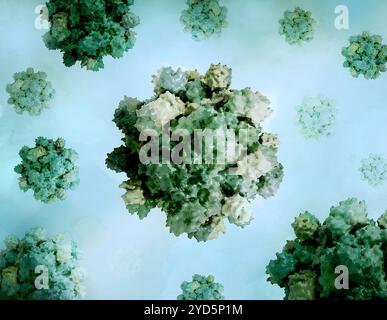 Mise en page créative comprenant des rendus 3D dérivés de la microscopie de la capside du virus de l'hépatite E. Banque D'Images