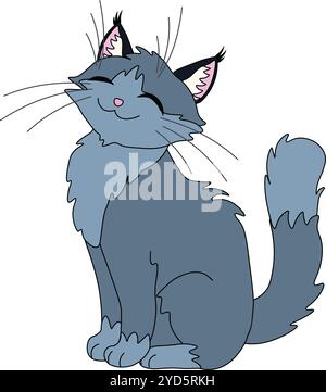 chat gris heureux s'assied et sourit les yeux fermés, vecteur stock, dessin animé Illustration de Vecteur