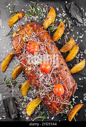 Savoureux filet de porc cuit au four dans un glaçage miel-orange avec des quartiers de pommes de terre Banque D'Images