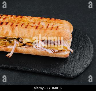 Gros sandwich avec poulet sur planche de pierre Banque D'Images