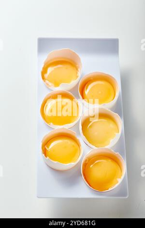 Plateau de six oeufs avec des jaunes à l'intérieur. Les œufs sont disposés en rangée nette sur un stand blanc Banque D'Images