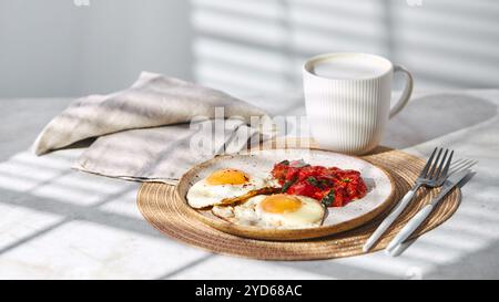 Petit déjeuner avec œufs frits et tomates frites avec épinards sur l'assiette et tasse de café latte Banque D'Images