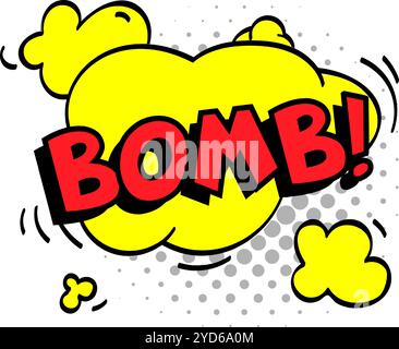 Explosion vibrante de bande dessinée avec le mot bombe explosant d'une bulle jaune, avec des points demi-tons et des lignes de mouvement, créant un Illustration de Vecteur