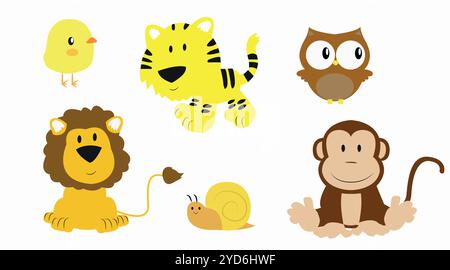 Ensemble plat enfantin d'animaux. Illustrations vectorielles éditables à plat avec un lion, un tigre, un singe, un escargot, un poulet et un hibou. Illustration de Vecteur