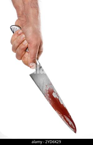 Homme poilu bras main tenant couteau en acier avec du sang Banque D'Images