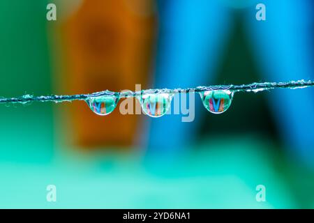 Cette photo macro capture des gouttelettes d'eau sur un fil ou un fil mince, sur un fond vert et bleu flou. Banque D'Images