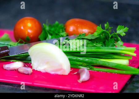 Combinaison classique de légumes utilisés en cuisine, ail, oignon, tomate, persil, ciboulette et romarin Banque D'Images