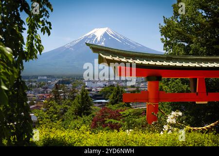 Porte Torii à la pagode chureito - Fujiyoshida, Japon. Banque D'Images