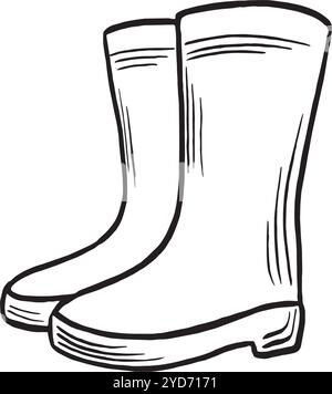 Croquis de bottes d'automne en caoutchouc. Illustration de ligne graphique vectorielle dessinée à la main isolée. Doodle noir et blanc. Chaussures imperméables de sécurité pour le jardinage et Illustration de Vecteur