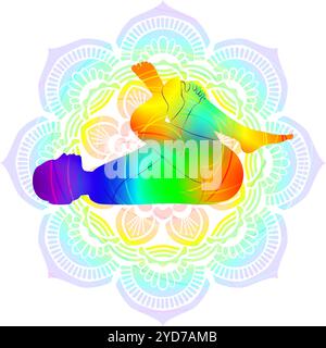 Silhouette colorée de femme pratiquant la pose de yoga Supta Kapotasana. Posture du pigeon en décubitus dorsal, posture de la figure quatre en décubitus dorsal. Illustration vectorielle isolée Illustration de Vecteur