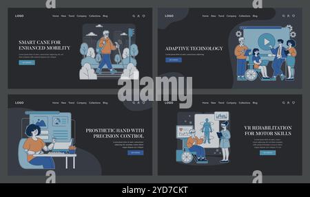Ensemble de technologie futuriste. L'assistant AI aide à la maison, le membre imprimé en 3D améliore la mobilité, le robot de téléprésence connecte les gens. Thèmes d'innovation inclusive. Illustration vectorielle. Illustration de Vecteur