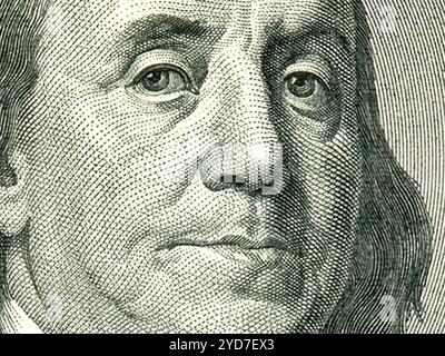 Macro close up de Ben Franklin's face à l'US $100 dollars. Banque D'Images