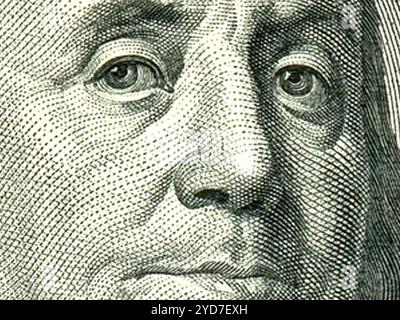 Macro close up de Ben Franklin's face à l'US $100 dollars. Banque D'Images