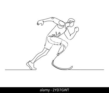 Dessin au trait continu d'un athlète déterminé avec des jambes prothétiques, courir avec passion et vitesse. Symbolise la résilience Illustration de Vecteur