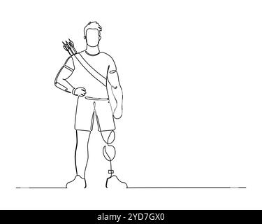 Dessin au trait continu d'un archer déterminé avec une jambe prothétique, debout avec confiance et fierté, parfait pour les campagnes d'événements sportifs Illustration de Vecteur