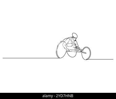 Dessin à une ligne d'un athlète déterminé dans un fauteuil roulant, montrant leur force et leur détermination alors qu'ils courent en avant. L'image symbolise th Illustration de Vecteur