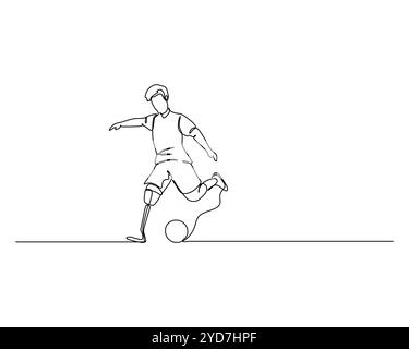 Dessin sur une ligne d'un joueur de football déterminé avec une jambe prothétique, dribble le ballon avec passion et habileté. L’image symbolise la résilience, Illustration de Vecteur