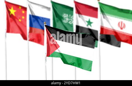 Drapeaux de Palestine et Chine, Russie, Arabie Saoudite, Iran, Syrie. Représente le soutien national pour Palest Banque D'Images