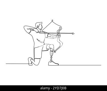 dessin au trait continu d'un archer déterminé avec une jambe prothétique, agenouillé et dessinant son arc et sa flèche avec une focalisation inébranlable. Illustration de Vecteur