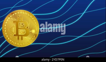 Vue latérale Bitcoin sur fond avec des lignes lumineuses abstraites croisant les néons Banque D'Images