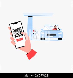 Paiement mobile à la station-service avec QR code en illustration vectorielle plate symbolisant le paiement sans contact, la commodité et la technologie moderne, isolé Illustration de Vecteur