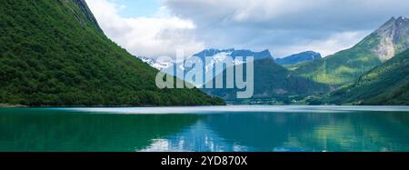 Une vue pittoresque sur un fjord en Norvège, avec des montagnes verdoyantes encadrant l'eau tranquille. Le ciel est partiellement nuageux, créant une douce lueur naturelle Banque D'Images