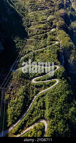 Une vue aérienne d'une route serpentant à travers une forêt verdoyante en Norvège Banque D'Images