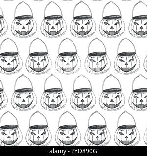 Modèle sans couture de citrouilles d'Halloween, paniers de citrouilles d'Halloween. Tous les objets sont dessinés à la main avec de l'encre. Motif vectoriel sans couture. Convient pour Illustration de Vecteur