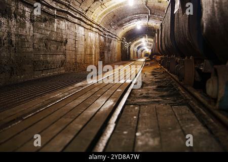 Une vue captivante d'un vieux tunnel minier rouillé avec des pistes et des chariots miniers vintage à l'intérieur Banque D'Images