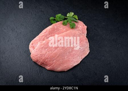 Filets d'escalope de poulet crus traditionnels décorés de mélisse offerts en gros plan sur un tableau noir avec espace copie Banque D'Images