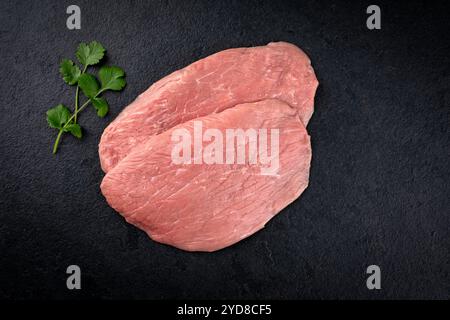 Filets d'escalope de poulet crus traditionnels décorés de mélisse offerts comme vue de dessus sur un tableau noir avec espace de copie Banque D'Images