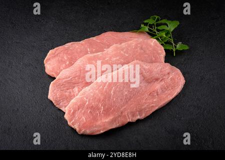 Filets d'escalope de poulet crus traditionnels décorés de mélisse offerts en gros plan sur un tableau noir avec espace copie Banque D'Images