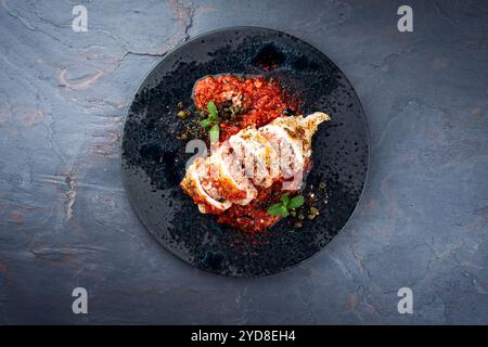 Tubes de calamars frits farcis de riz dans une sauce tomate hachée salsiccia servis comme vue de dessus sur une assiette design avec espace de copie Banque D'Images