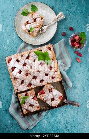 Gâteau traditionnel à la rhubarbe avec farine d'épeautre servi comme vue de dessus sur une assiette Nordic Design Banque D'Images